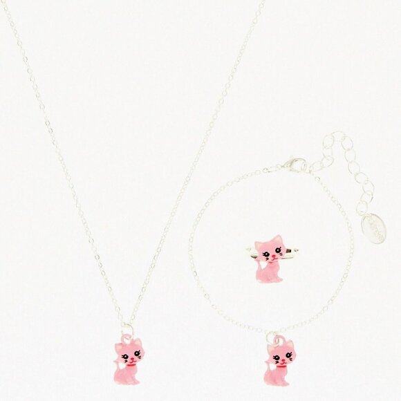 Claires Club Kitten Jewelry Set Necklace Bracelet Ring Silver Tone Pink - Picture 2 of 4